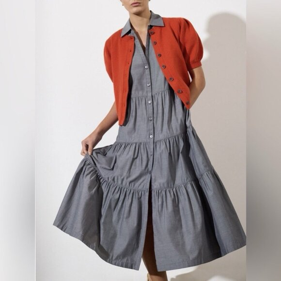 Brochu Walker The Havana Puff Sleeve Tiered Midi Dress In Washed Slate Sz M - Picture 10 of 11